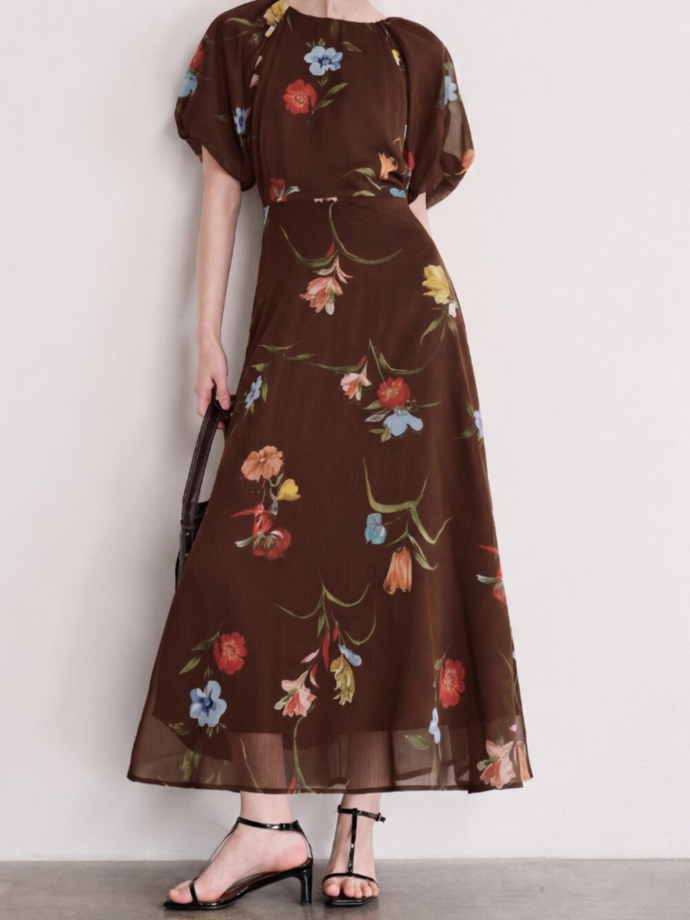 Coffee Elegant Women's Chiffon Floral Print Raglan Short Sleeve Round Neck Dress
